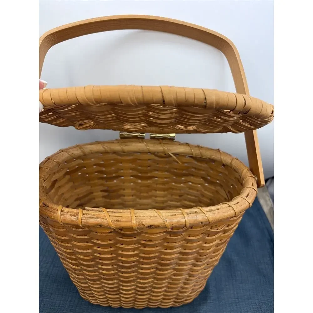 Hand Woven Lidded Basket With Brass Hardware Perfect For Binoculars